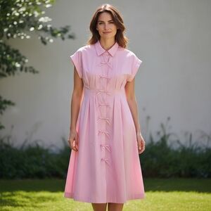 Zoe and Claire Pink Bow Dress Pastel Button Down Shirtdress Cotton Midi Medium